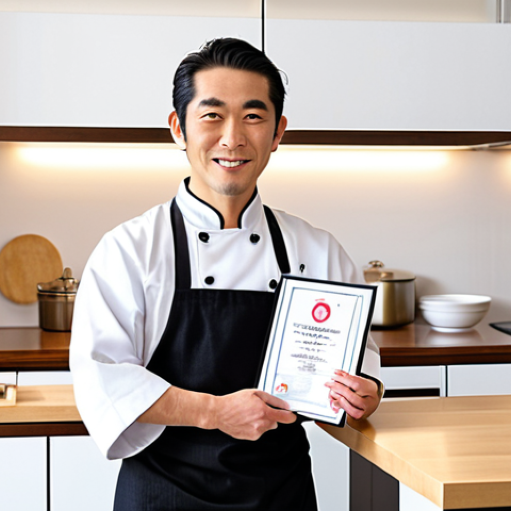 A confident, professional Japanese chef in a pristine, modern kitchen, proudly displaying a freshly renewed "Japanese Cuisine Cook Technician Certificate." The certificate should be prominently visible, symbolizing credibility, expertise, and opened opportunities. The chef exudes professionalism and a sense of trust, with elements of traditional Japanese culinary aesthetics in the background, subtly blending with modern kitchen design. The lighting is bright and inviting, highlighting a fresh start or continued success.