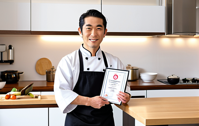 A confident, professional Japanese chef in a pristine, modern kitchen, proudly displaying a freshly renewed "Japanese Cuisine Cook Technician Certificate." The certificate should be prominently visible, symbolizing credibility, expertise, and opened opportunities. The chef exudes professionalism and a sense of trust, with elements of traditional Japanese culinary aesthetics in the background, subtly blending with modern kitchen design. The lighting is bright and inviting, highlighting a fresh start or continued success.