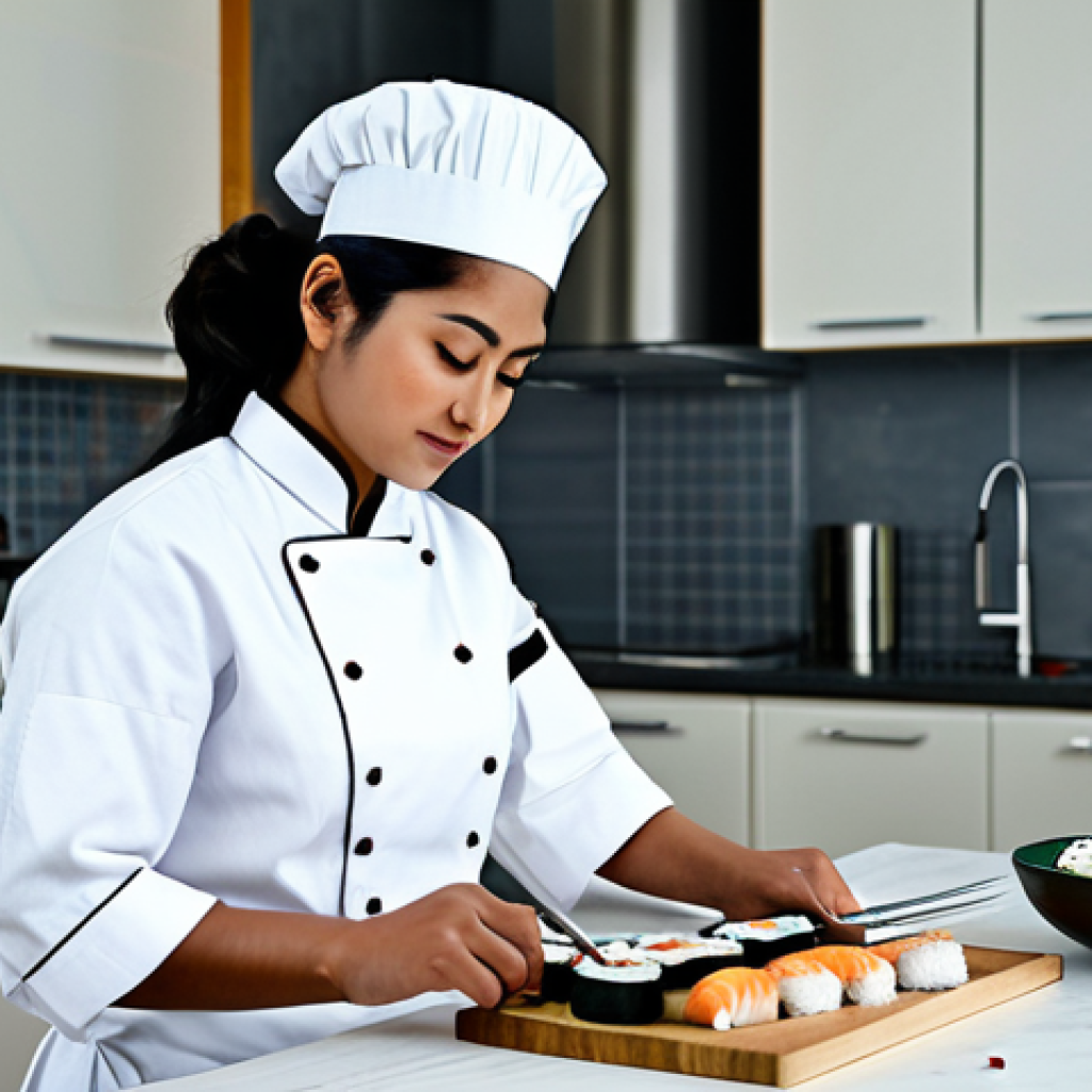 ** A professional Bengali woman chef in a clean, modern kitchen, fully clothed in modest chef attire, preparing sushi. She is demonstrating precise knife skills. Background includes fresh ingredients and traditional Japanese cooking tools. Safe for work, appropriate content, professional setting, perfect anatomy, natural proportions, high quality.

**