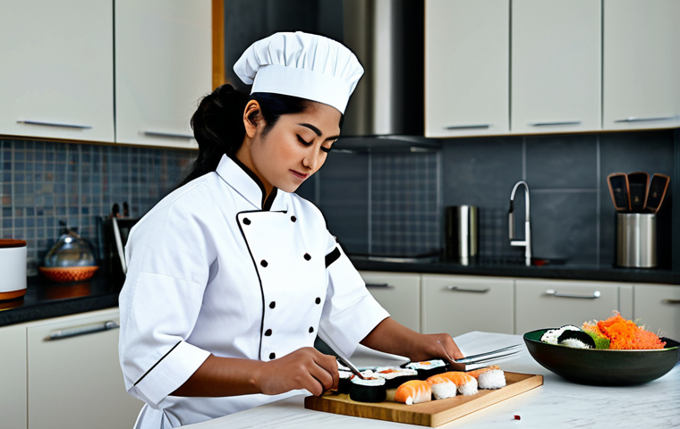** A professional Bengali woman chef in a clean, modern kitchen, fully clothed in modest chef attire, preparing sushi. She is demonstrating precise knife skills. Background includes fresh ingredients and traditional Japanese cooking tools. Safe for work, appropriate content, professional setting, perfect anatomy, natural proportions, high quality.
**