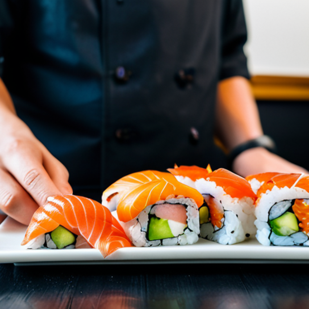 **

A professional food photographer capturing a beautifully arranged plate of sushi in a brightly lit, minimalist Japanese restaurant. The sushi includes various types of nigiri and rolls, showcasing vibrant colors and textures. Fully clothed chef visible in the background. Safe for work, appropriate content, professional, modest, perfect anatomy, correct proportions, natural pose, high quality, well-formed hands, proper finger count, natural body proportions.

**