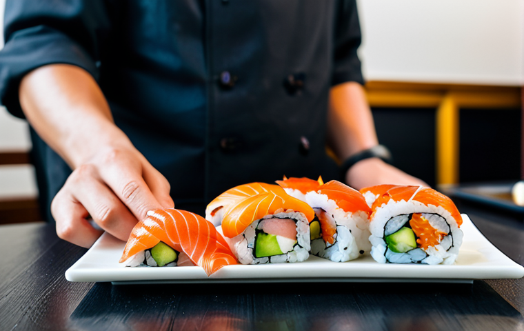 **
A professional food photographer capturing a beautifully arranged plate of sushi in a brightly lit, minimalist Japanese restaurant. The sushi includes various types of nigiri and rolls, showcasing vibrant colors and textures. Fully clothed chef visible in the background. Safe for work, appropriate content, professional, modest, perfect anatomy, correct proportions, natural pose, high quality, well-formed hands, proper finger count, natural body proportions.
**