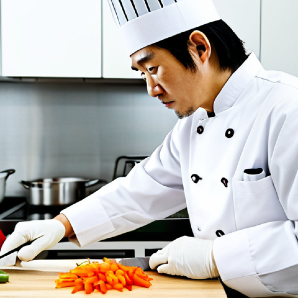 **

"A professional Japanese chef in a clean kitchen, fully clothed in chef's whites, demonstrating a precise knife cut on vegetables, appropriate attire, safe for work, perfect anatomy, correct proportions, natural pose, high-quality photo."

**