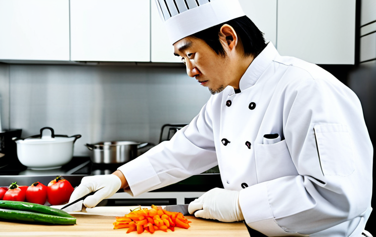 **
"A professional Japanese chef in a clean kitchen, fully clothed in chef's whites, demonstrating a precise knife cut on vegetables, appropriate attire, safe for work, perfect anatomy, correct proportions, natural pose, high-quality photo."
**