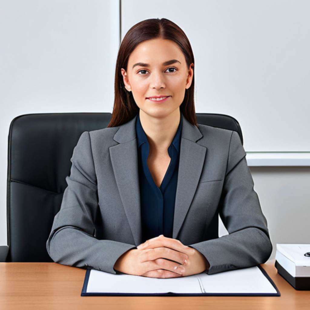 A professional businesswoman in a modest business suit, sitting at a desk in a modern office, fully clothed, appropriate attire, safe for work, perfect anatomy, natural proportions, professional photography, high quality.