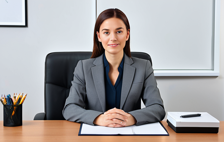 A professional businesswoman in a modest business suit, sitting at a desk in a modern office, fully clothed, appropriate attire, safe for work, perfect anatomy, natural proportions, professional photography, high quality.
