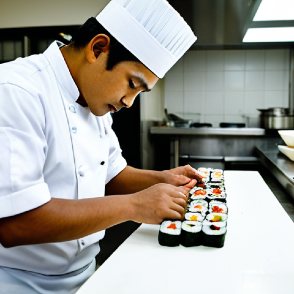 일식조리 기능사 자격증 보유자 연봉 평균 - A Bangladeshi chef in a clean, professional Japanese restaurant kitchen, fully clothed in chef white...
