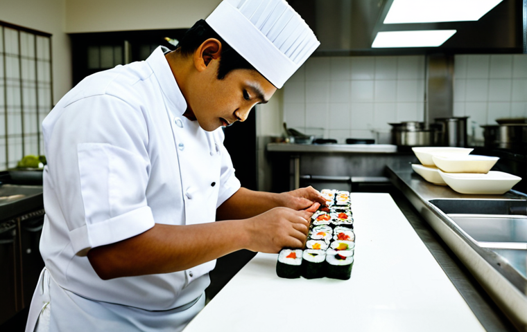 일식조리 기능사 자격증 보유자 연봉 평균 - A Bangladeshi chef in a clean, professional Japanese restaurant kitchen, fully clothed in chef white...