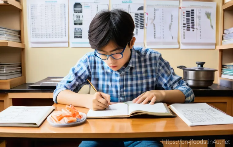 일식조리 기능사 시험 복습 노트 작성법 - **Prompt:** A young, focused student, approximately 20-25 years old, sits at a clean wooden desk, di...