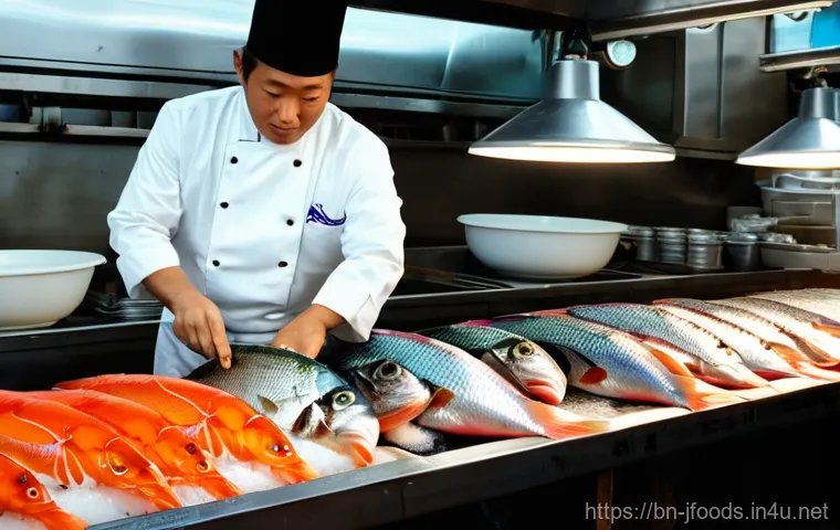 일식조리사 업무 중 자주 겪는 사례 - **Prompt:** An experienced Japanese chef, wearing a crisp white chef's jacket and a traditional whit...