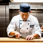 일식조리 기능사 시험 중 유용한 팁 - **"A highly skilled Japanese chef, wearing a meticulously clean white chef's uniform and a tradition...