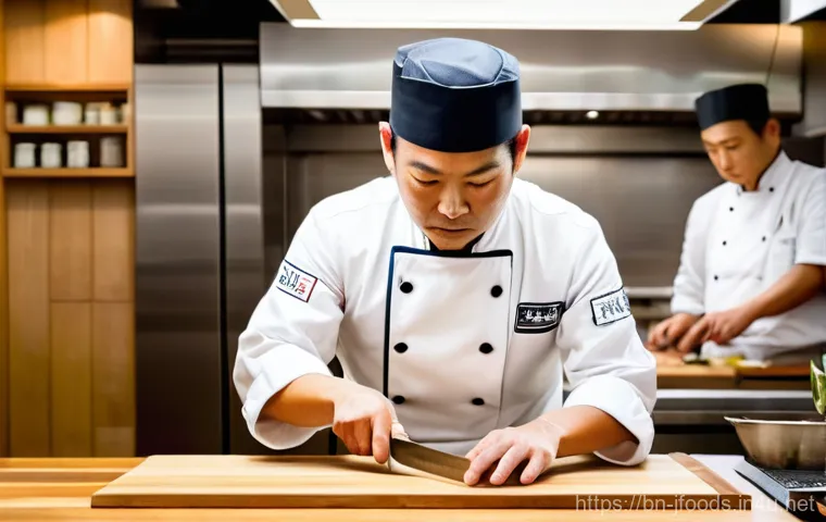 일식조리 기능사 시험 중 유용한 팁 - **"A highly skilled Japanese chef, wearing a meticulously clean white chef's uniform and a tradition...