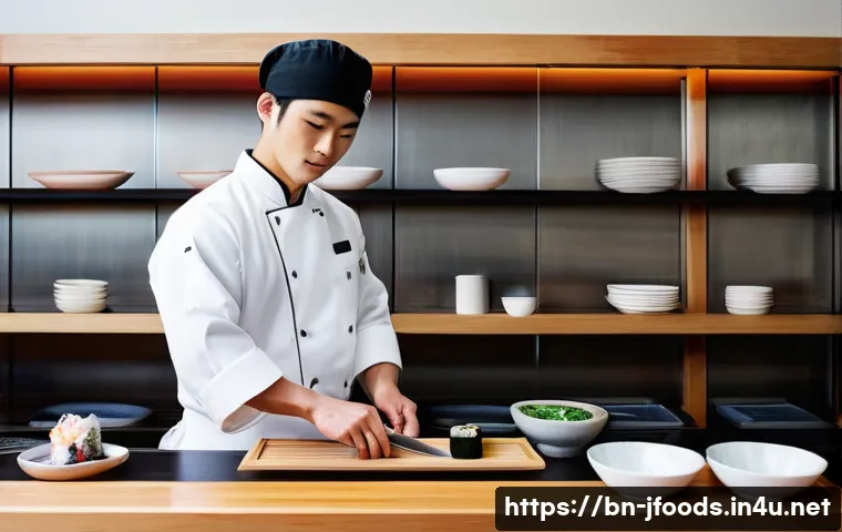 일식조리사 연봉 협상 시 해야 할 질문 - **Prompt 1: Skilled Sushi Apprentice**
A young, focused Japanese apprentice chef, in his early t...